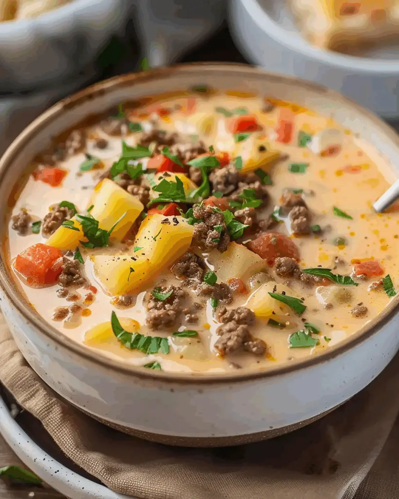 Homemade Cheeseburger Soup with Baby Potatoes