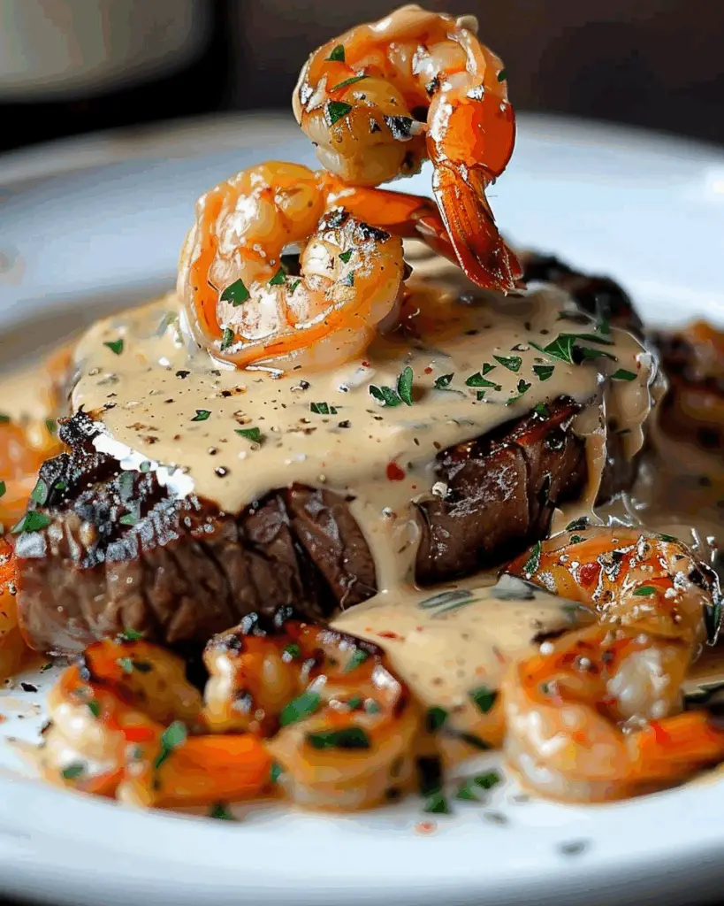Grilled Steak with Juicy Shrimp & Creamy Lobster Sauce