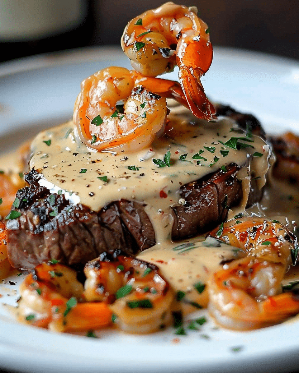 Grilled Steak with Juicy Shrimp & Creamy Lobster Sauce