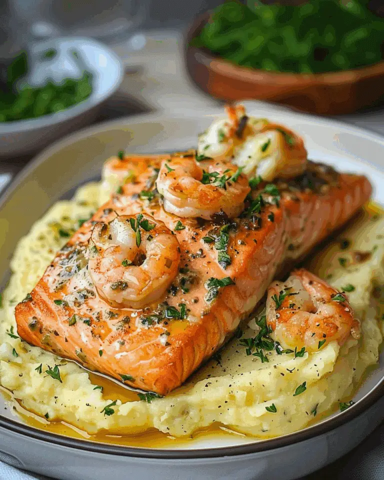 Seafood Stuffed Salmon with Parmesan Mashed Potatoes and Sautéed Asparagus