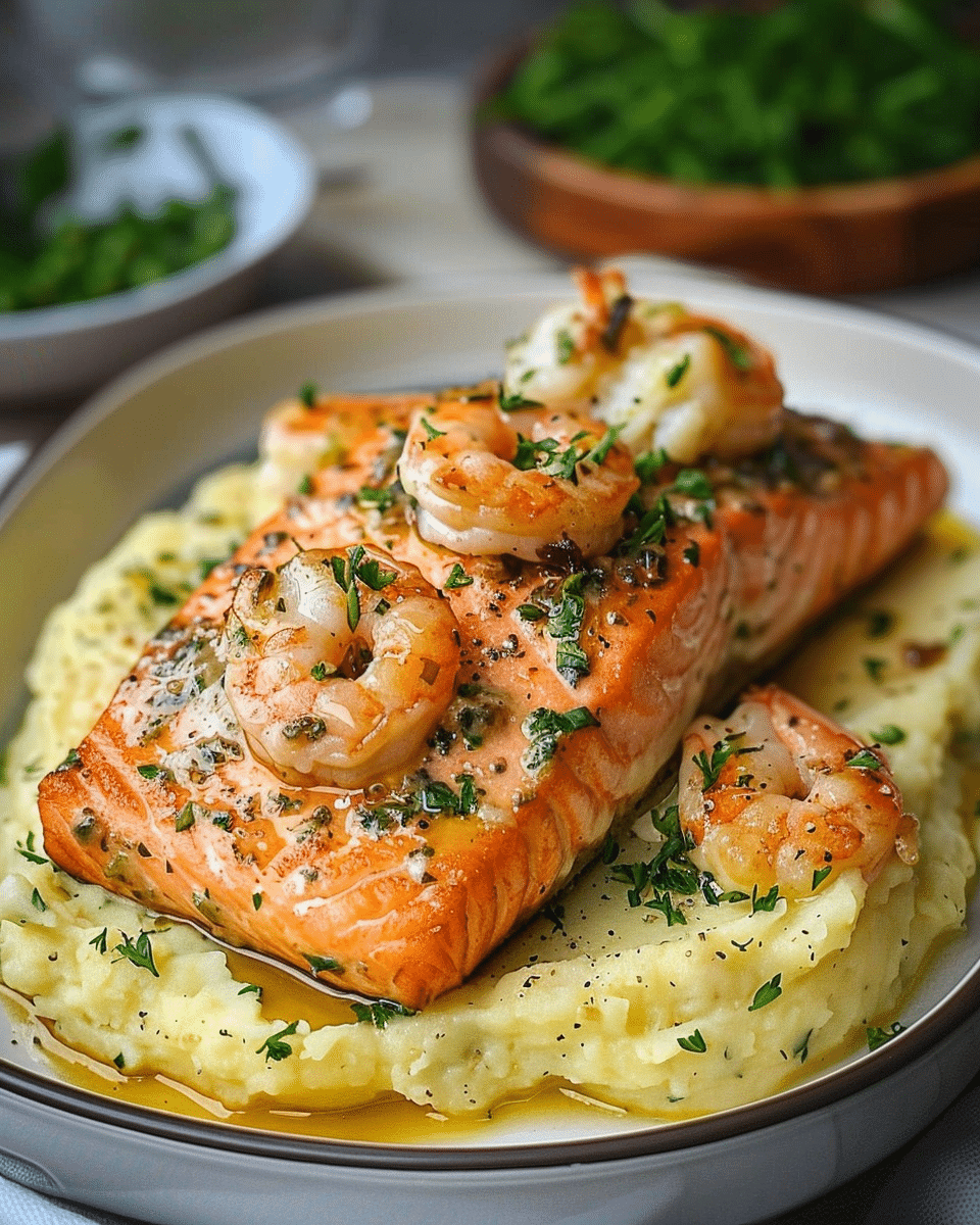 Seafood Stuffed Salmon with Parmesan Mashed Potatoes and Sautéed Asparagus