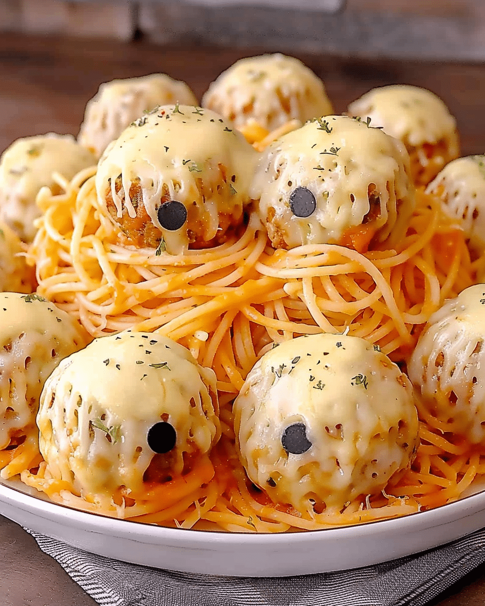Spooky Spaghetti and Cheese Stuffed Meatballs