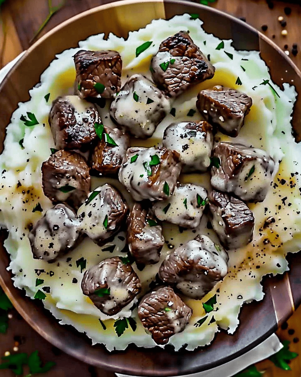 Garlic Butter Beef Bites with Creamy Mashed Potatoes