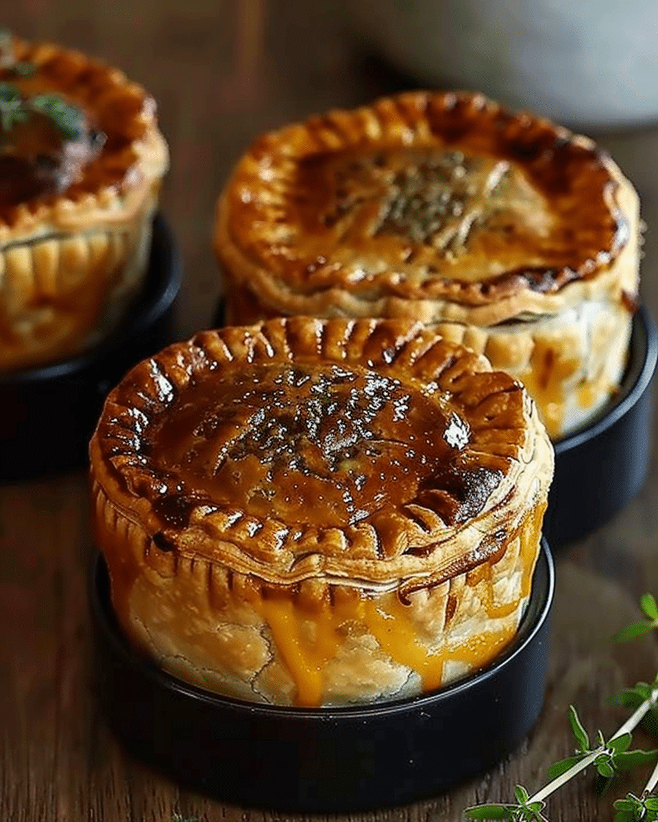Golden Australian Meat Pies with Melty Cheese, Herb Crust & Savory Filling