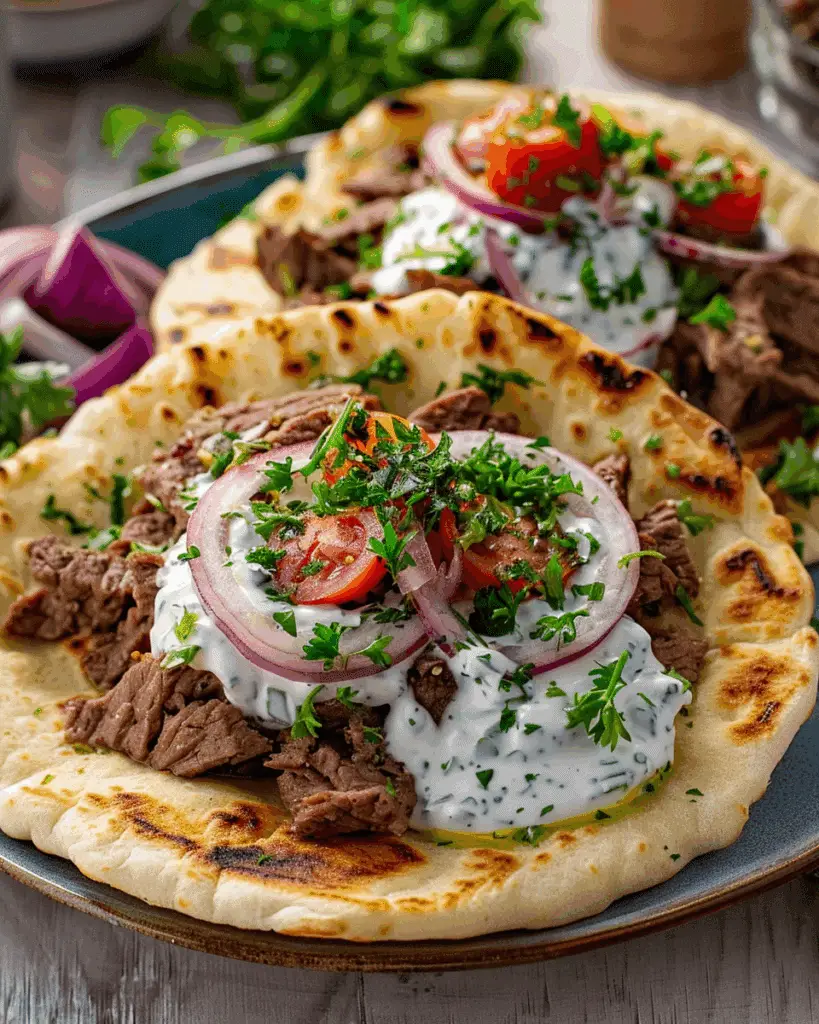 Greek Beef Pita with Garlic Yogurt Sauce