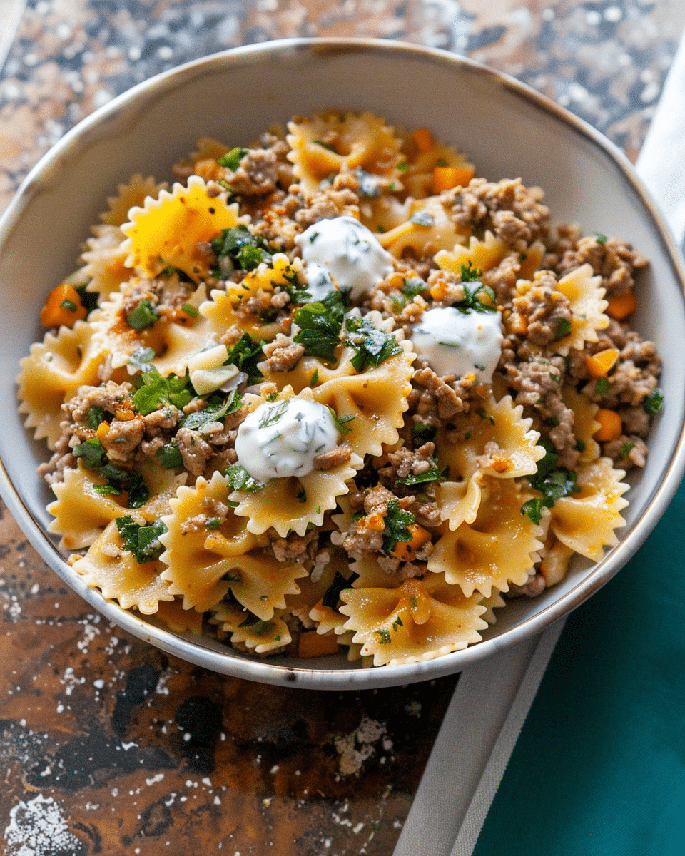 High Protein Lebanese Pasta with Garlic Yogurt and Beef (Macarona bil Laban)