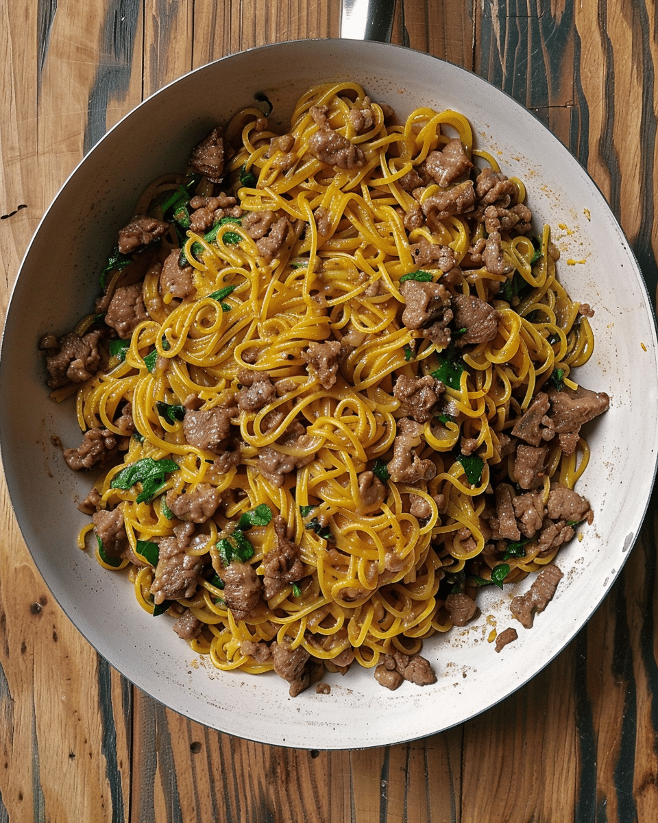 High Protein Lebanese Pasta with Garlic Yogurt and Beef (Macarona bil Laban)