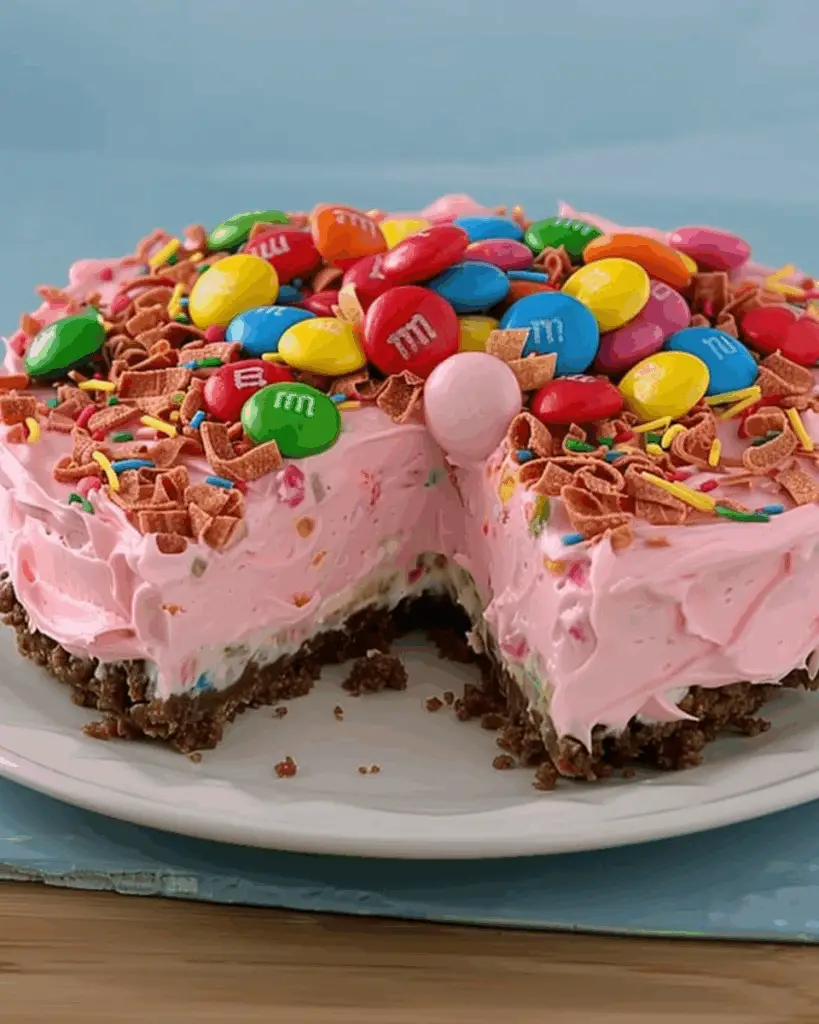 Pink M&M Snickers Cheesecake