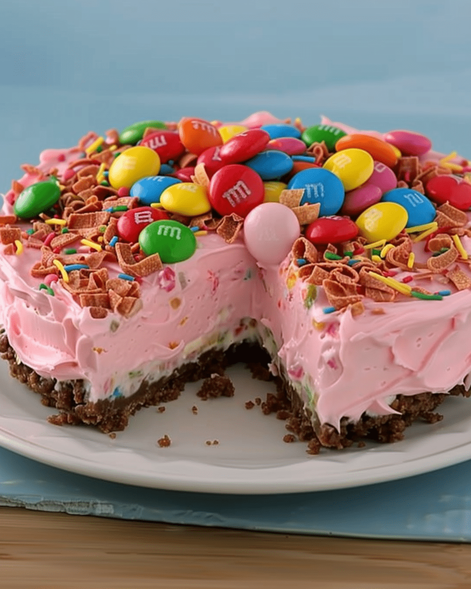 Pink M&M Snickers Cheesecake