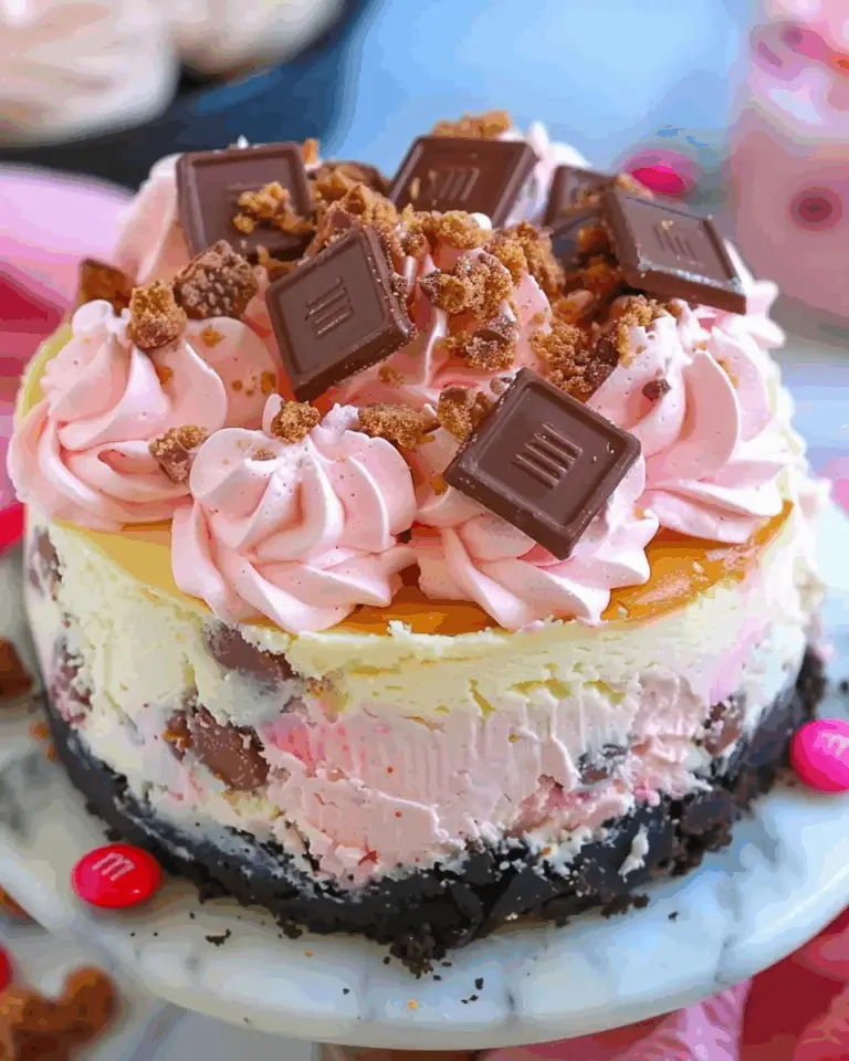 Pink M&M Snickers Cheesecake
