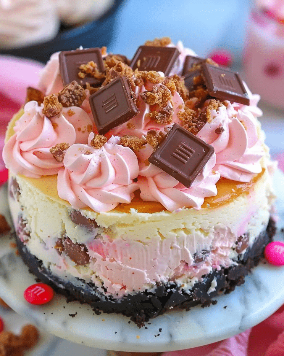 Pink M&M Snickers Cheesecake