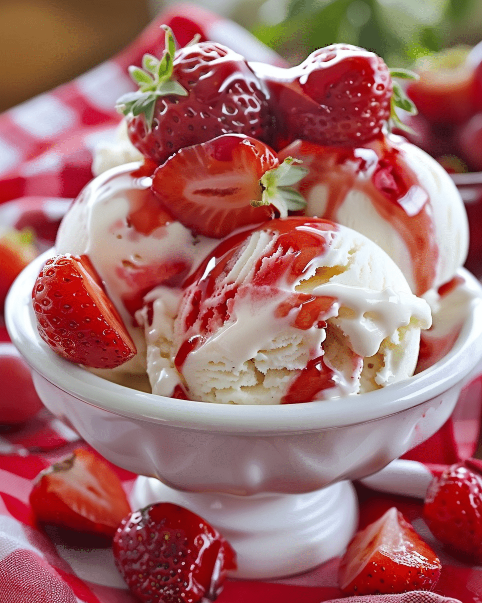 Strawberry Vanilla Bean Ice Cream With Strawberry Syrup