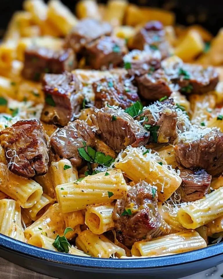 Cajun Steak Tips In Cheesy Rigatoni Parmesan Sauce