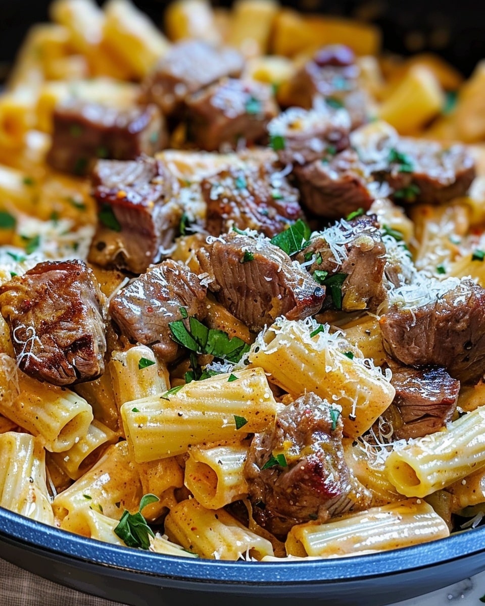 Cajun Steak Tips In Cheesy Rigatoni Parmesan Sauce