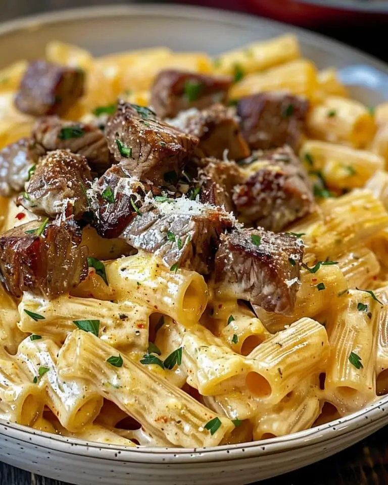 Cajun Steak Tips In Cheesy Rigatoni Parmesan Sauce