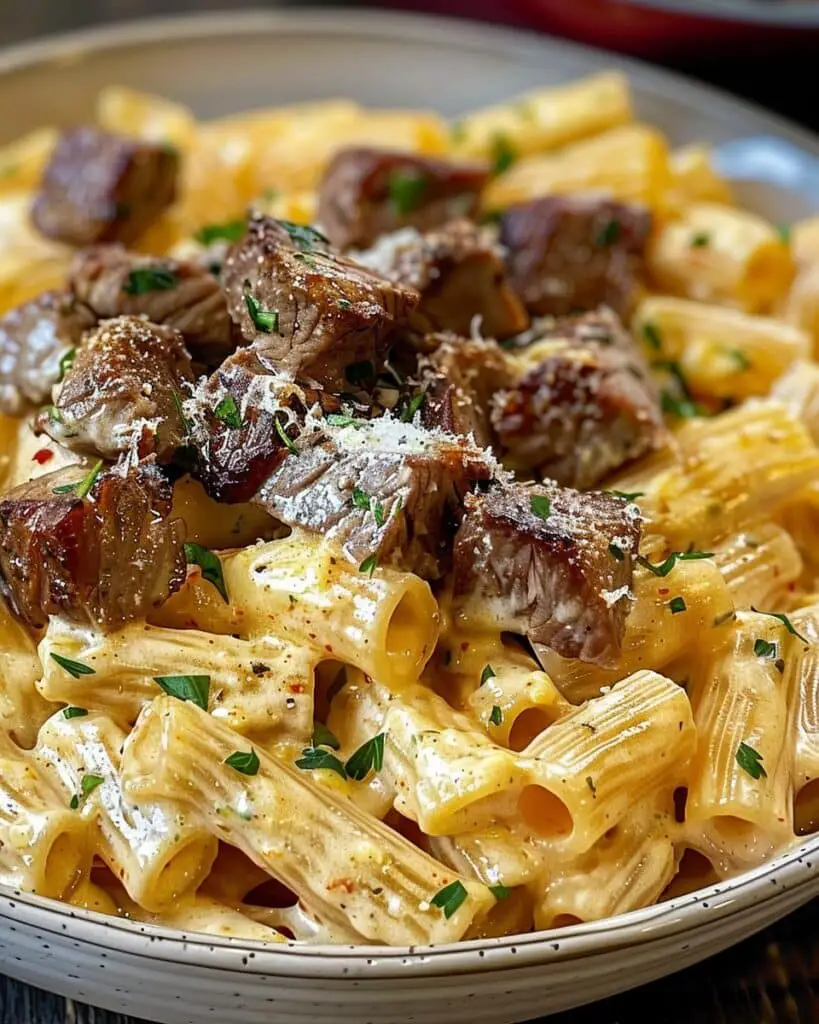 Cajun Steak Tips In Cheesy Rigatoni Parmesan Sauce
