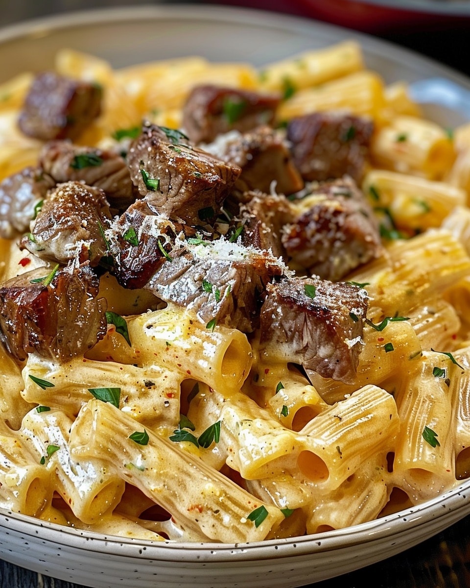 Cajun Steak Tips In Cheesy Rigatoni Parmesan Sauce