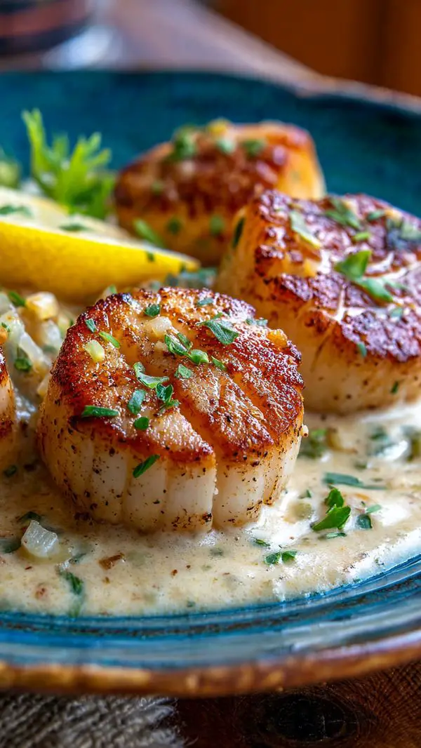 Creamy Lemon Garlic Pan Seared Scallops