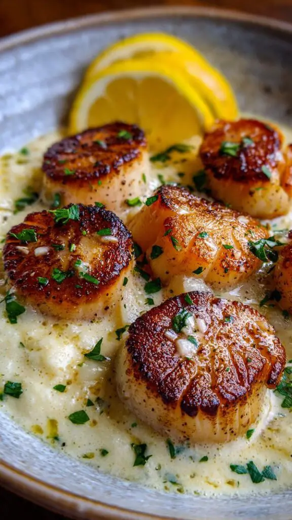Creamy Lemon Garlic Pan Seared Scallops