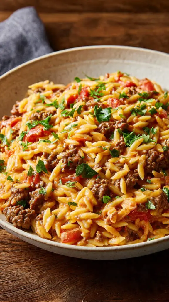 Ground Beef Orzo With Tomato Cream Sauce