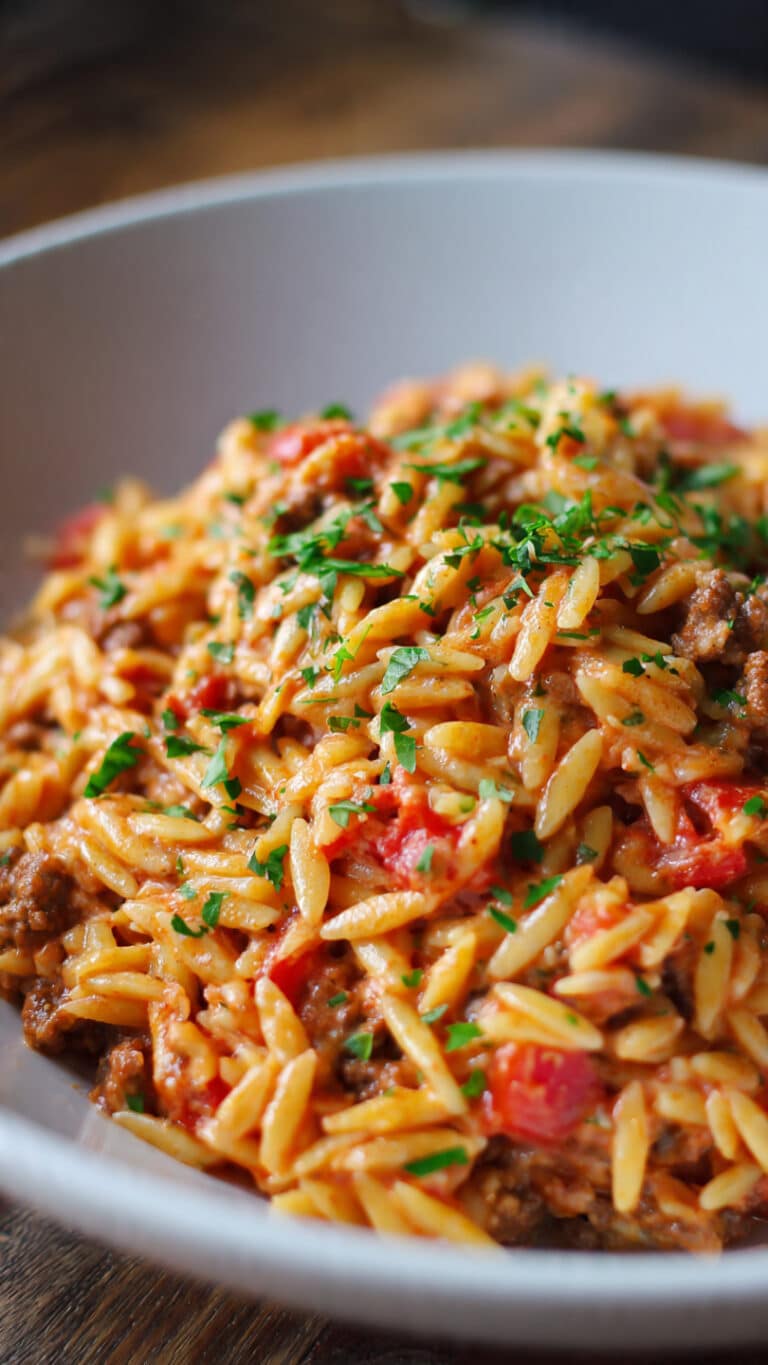 Ground Beef Orzo With Tomato Cream Sauce