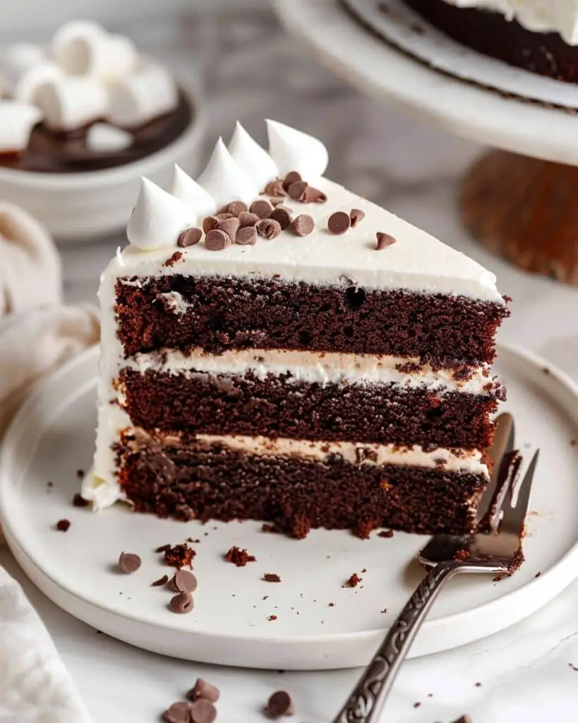 Hot Chocolate Layer Cake With Marshmallow Buttercream And Chocolate Fudge Sauce