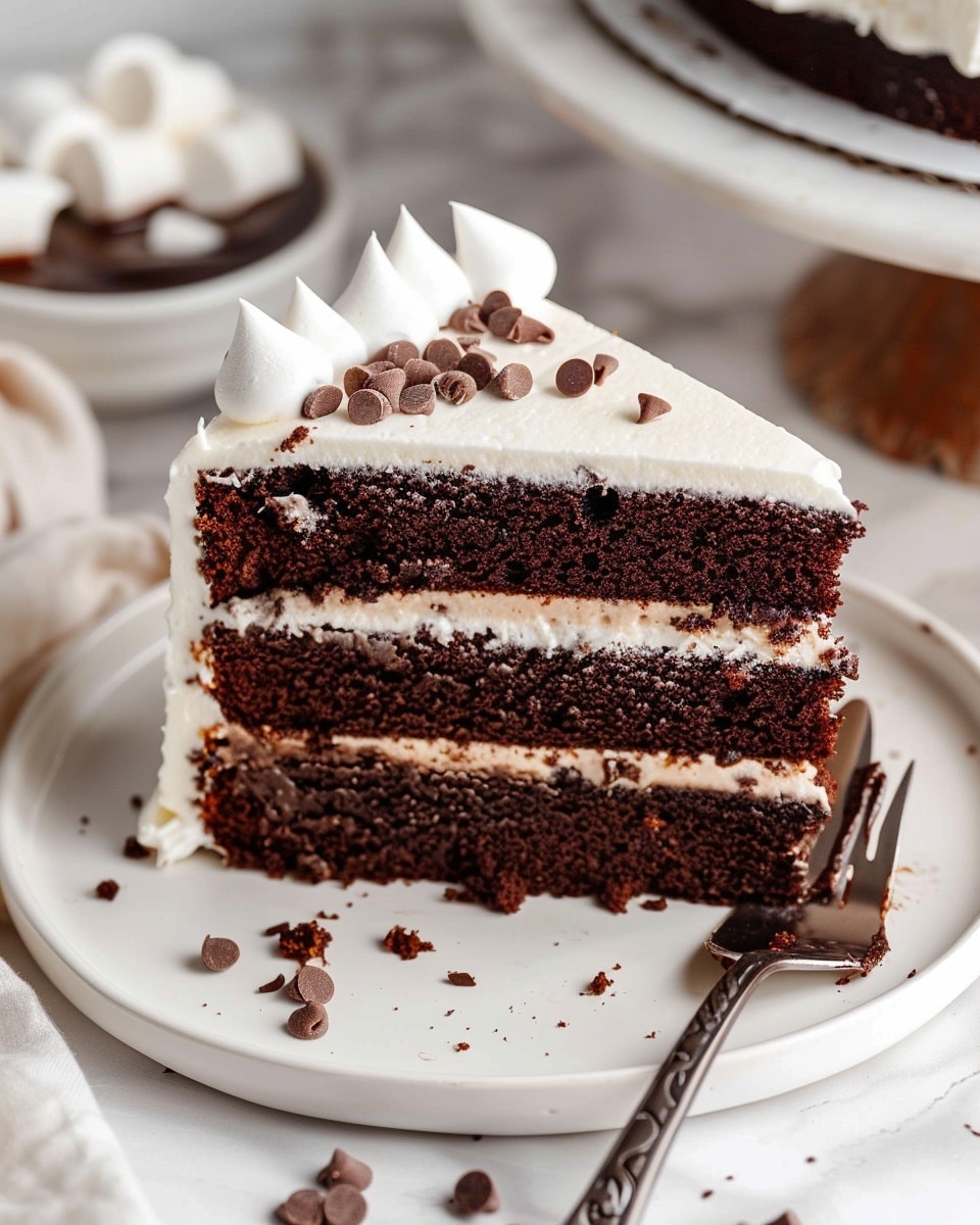 Hot Chocolate Layer Cake With Marshmallow Buttercream And Chocolate Fudge Sauce