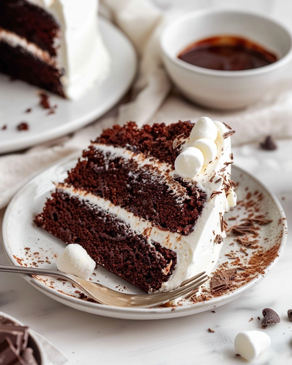 Hot Chocolate Layer Cake With Marshmallow Buttercream And Chocolate Fudge Sauce