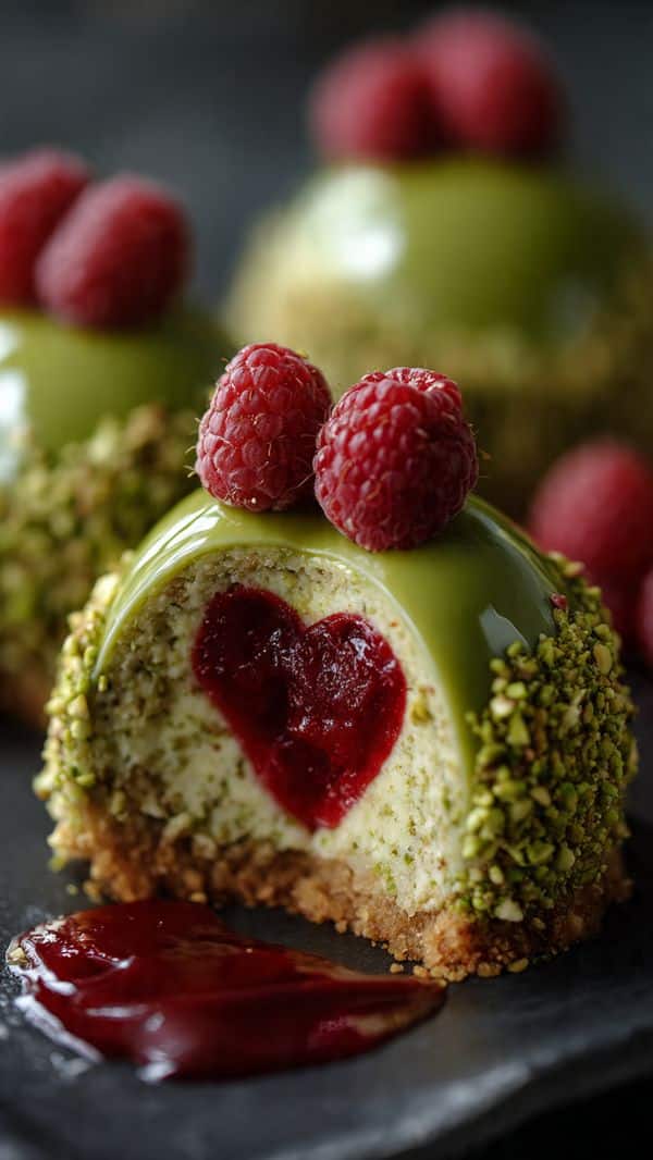 Luxurious Pistachio Cheesecake Domes With Raspberry Heart & Glossy Green Glaze