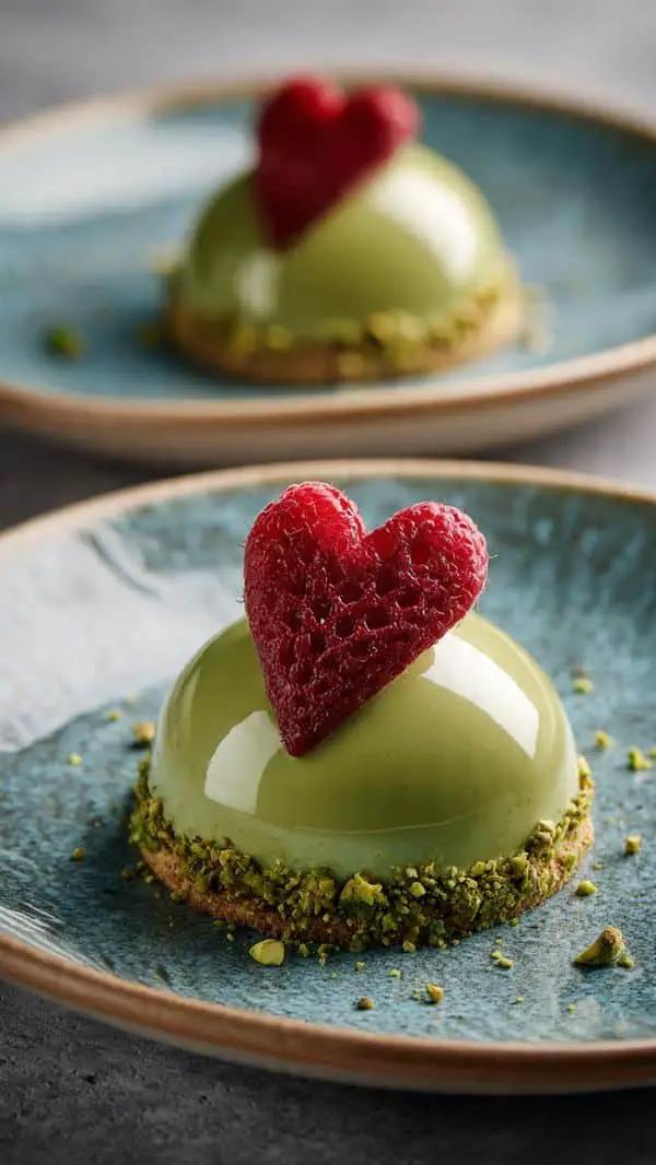 Luxurious Pistachio Cheesecake Domes With Raspberry Heart & Glossy Green Glaze