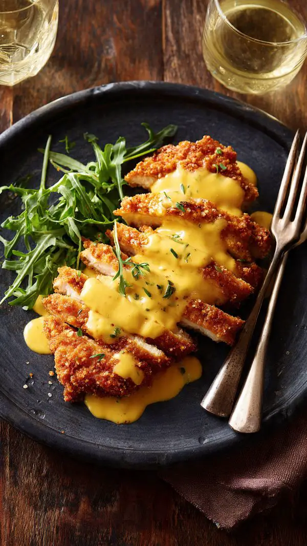 Pretzel Chicken With Mustard-Cheddar Sauce