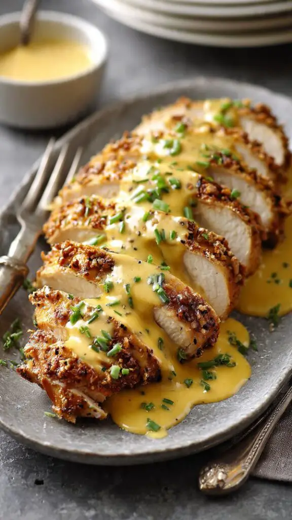 Pretzel Chicken With Mustard-Cheddar Sauce