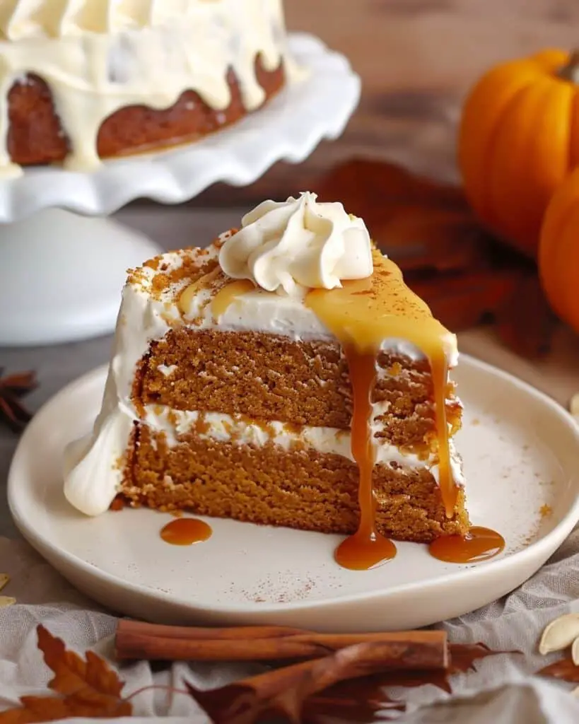 Pumpkin Cake With Whipped Cream Cheese And Maple Caramel