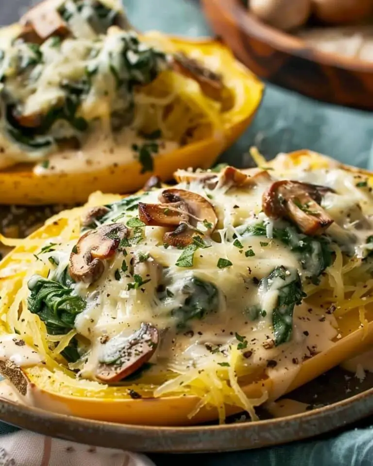 Creamy Spinach And Mushroom Stuffed Spaghetti Squash