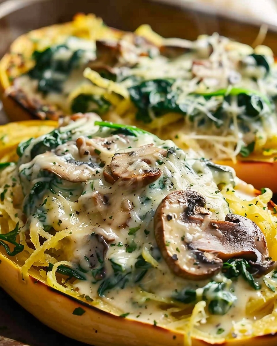 Creamy Spinach And Mushroom Stuffed Spaghetti Squash