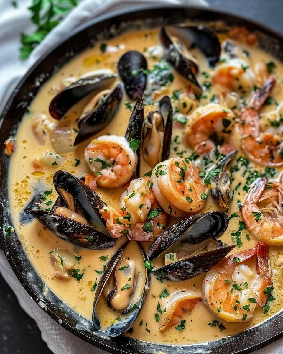 Shrimp And Mussels In Creamy Garlic Sauce