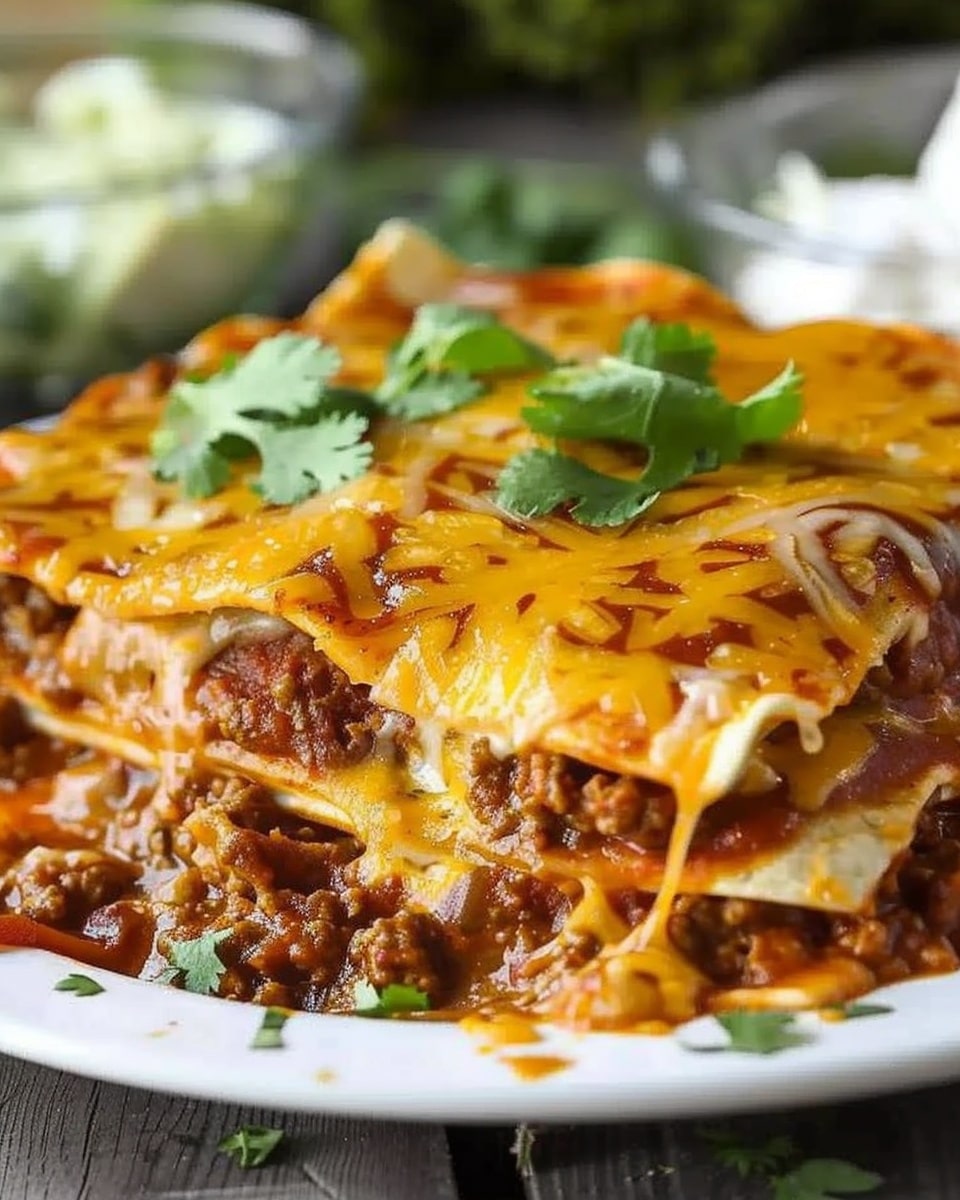 Smothered Stacked Beef Enchiladas Rancheras