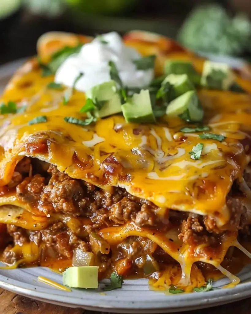 Smothered Stacked Beef Enchiladas Rancheras