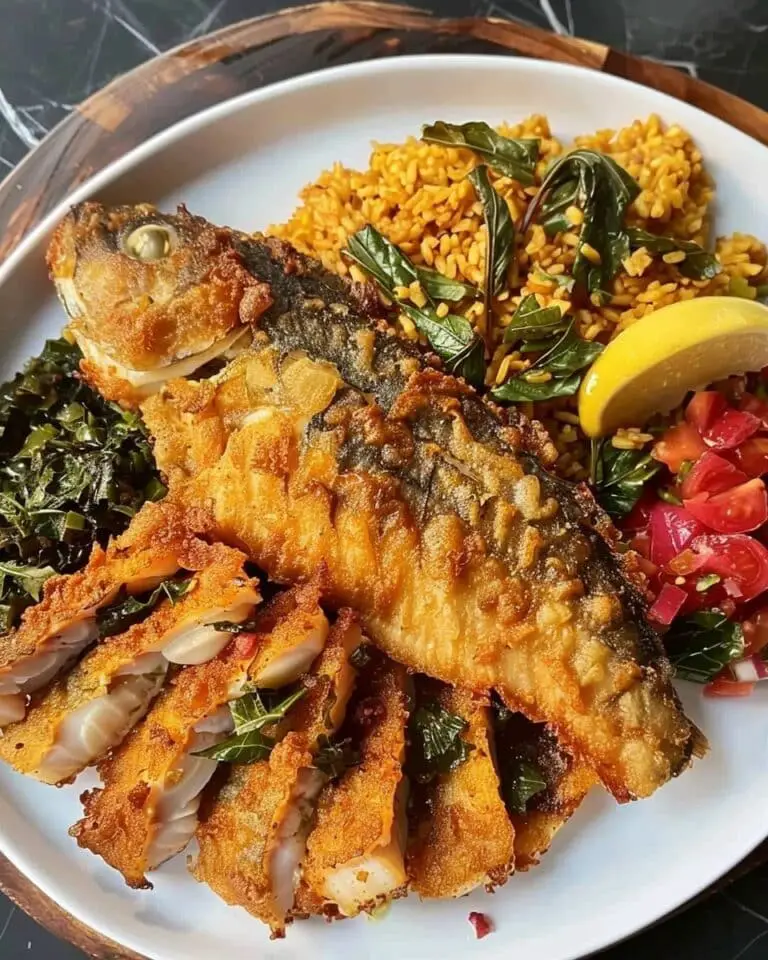 Southern Fried Scored Flounder With Collard Greens And Charleston Red Rice