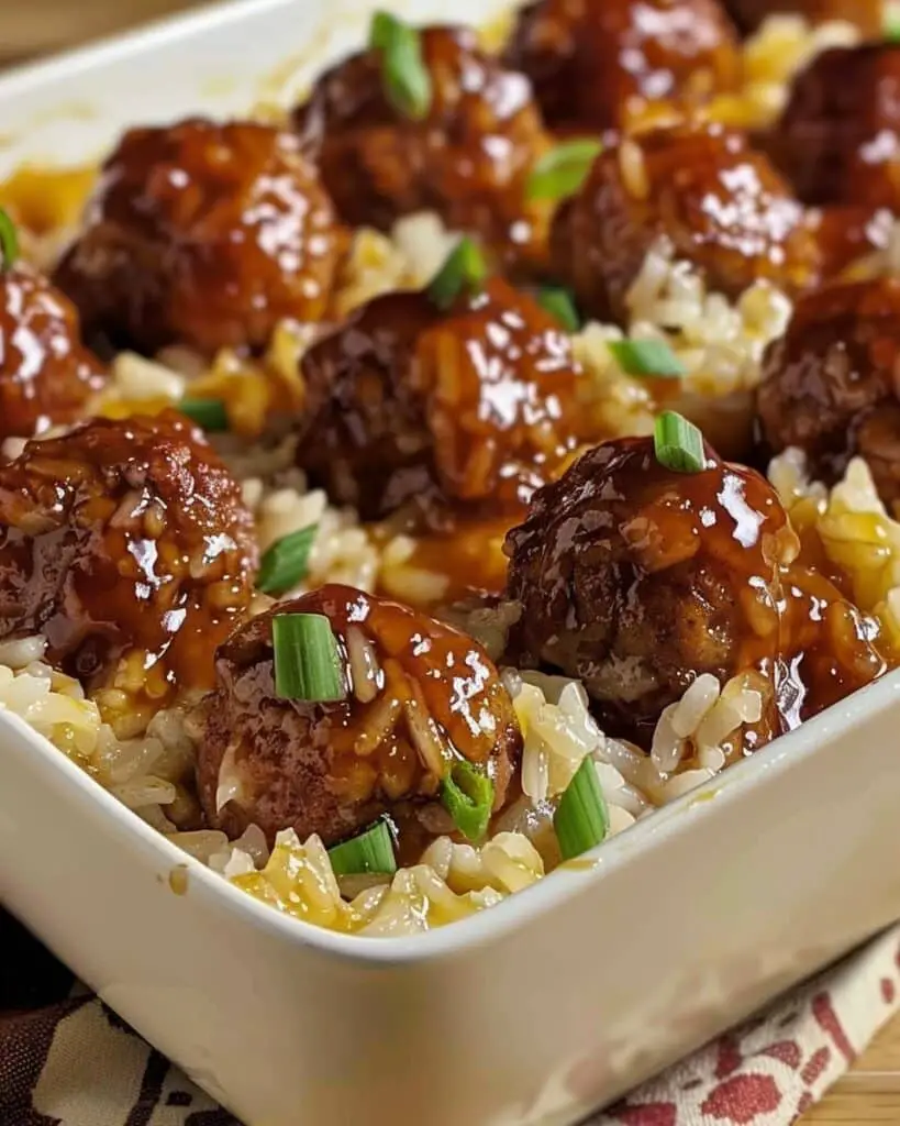 Honey Garlic Meatball Rice Bake