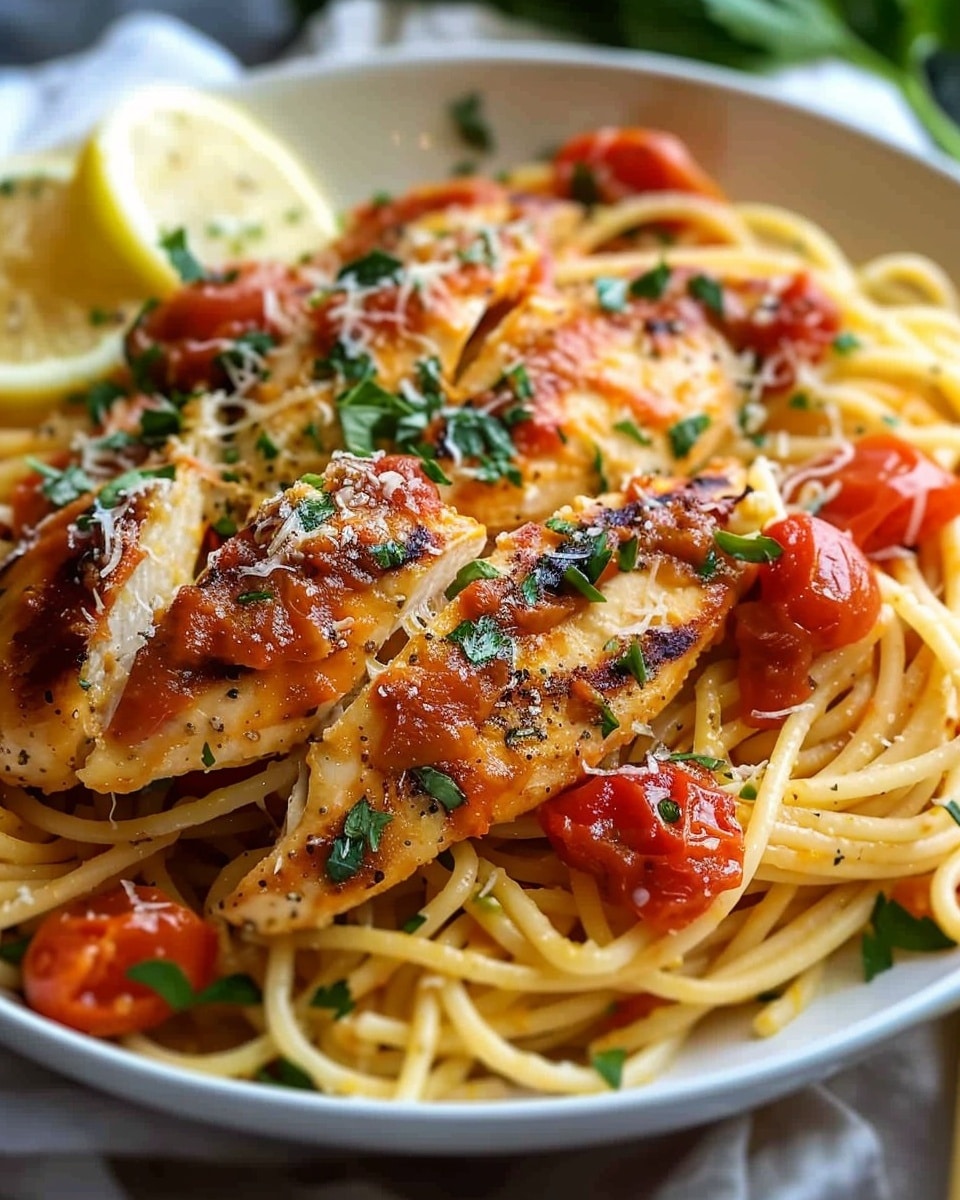 Spaghetti with Cheesy Tomato Garlic Sauce and Lemon Chicken