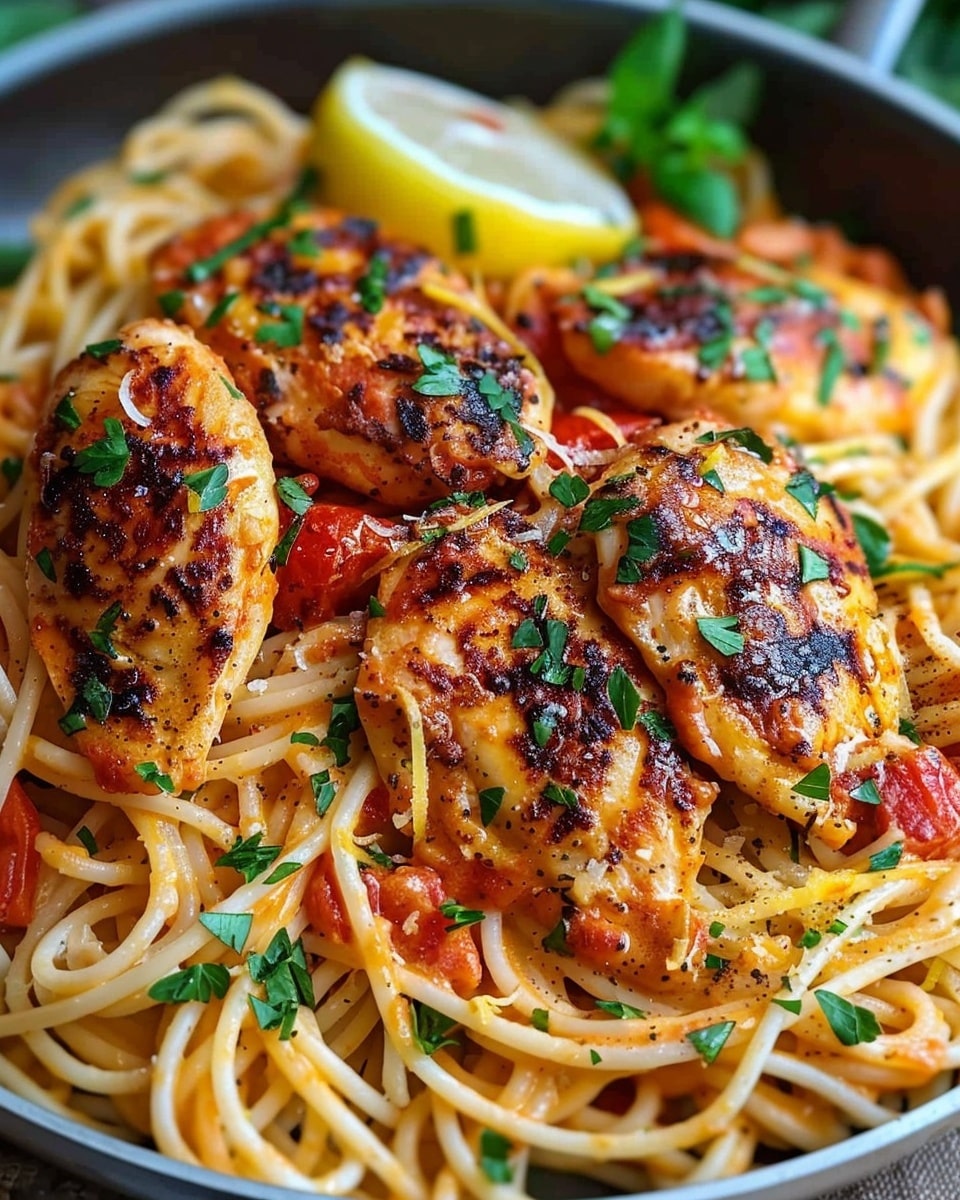 Spaghetti with Cheesy Tomato Garlic Sauce and Lemon Chicken