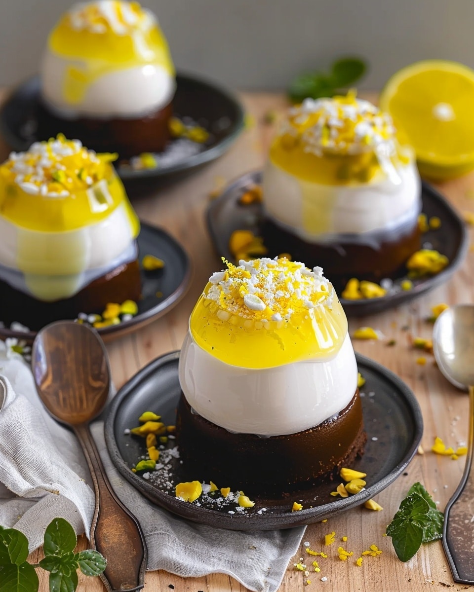 Modern Pistachio Petit Gâteaux with Airy Meyer Lemon Mousse and Shimmering Citrus Mirror Glaze