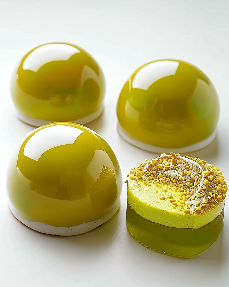 Modern Pistachio Petit Gâteaux with Airy Meyer Lemon Mousse and Shimmering Citrus Mirror Glaze