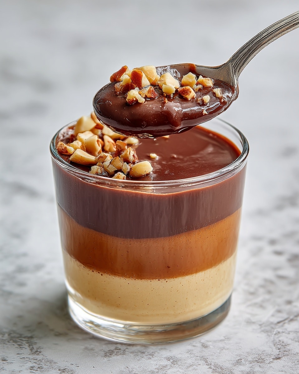 The image shows a three-layer dessert served in a clear glass. The bottom layer is a thin, dark brown chocolate layer. The middle layer is thick, creamy, and light tan in color, likely peanut butter or similar. The top layer is a smooth, dark brown chocolate layer, thicker than the bottom one, and decorated with small pieces of chopped nuts scattered in the center. The glass sits on a white marbled surface. photo taken with an iphone --ar 4:5 --v 7