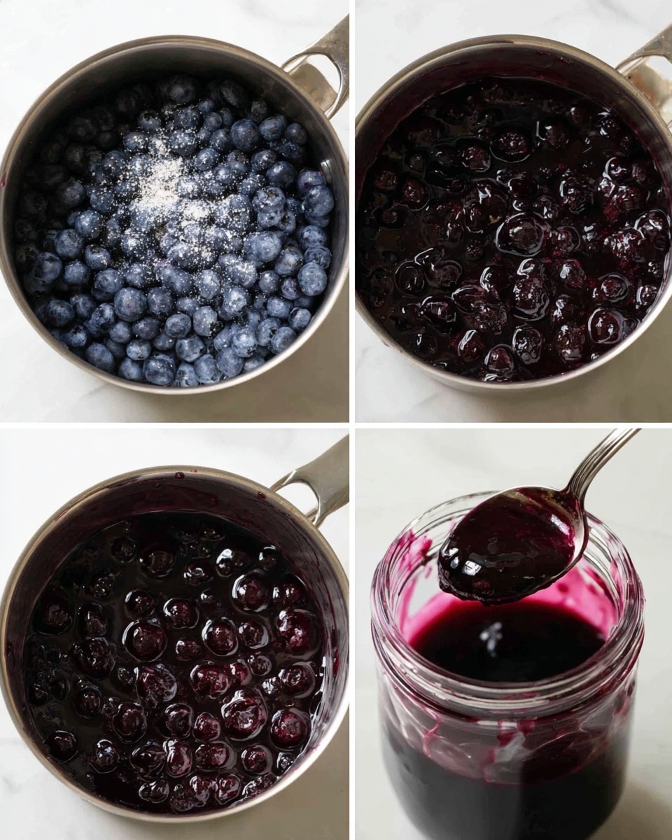 The image shows a four-step process of making blueberry jam. The first layer, in a small metal pot on a white marbled surface, has whole, fresh blueberries covered with sugar, visible as white granules over the dark blue berries. The second layer shows the blueberries softened and releasing juice, turning the mixture into a thicker, dark purple syrup in the same pot. The third layer features the jam boiling or simmering, with the blueberries bursting and the liquid becoming very thick and glossy, filling the pot to the top. The final image displays the finished dark purple jam in a clear glass jar, with a spoon inside, showing a thick and shiny texture. The background is a white marbled surface. Photo taken with an iphone --ar 4:5 --v 7
