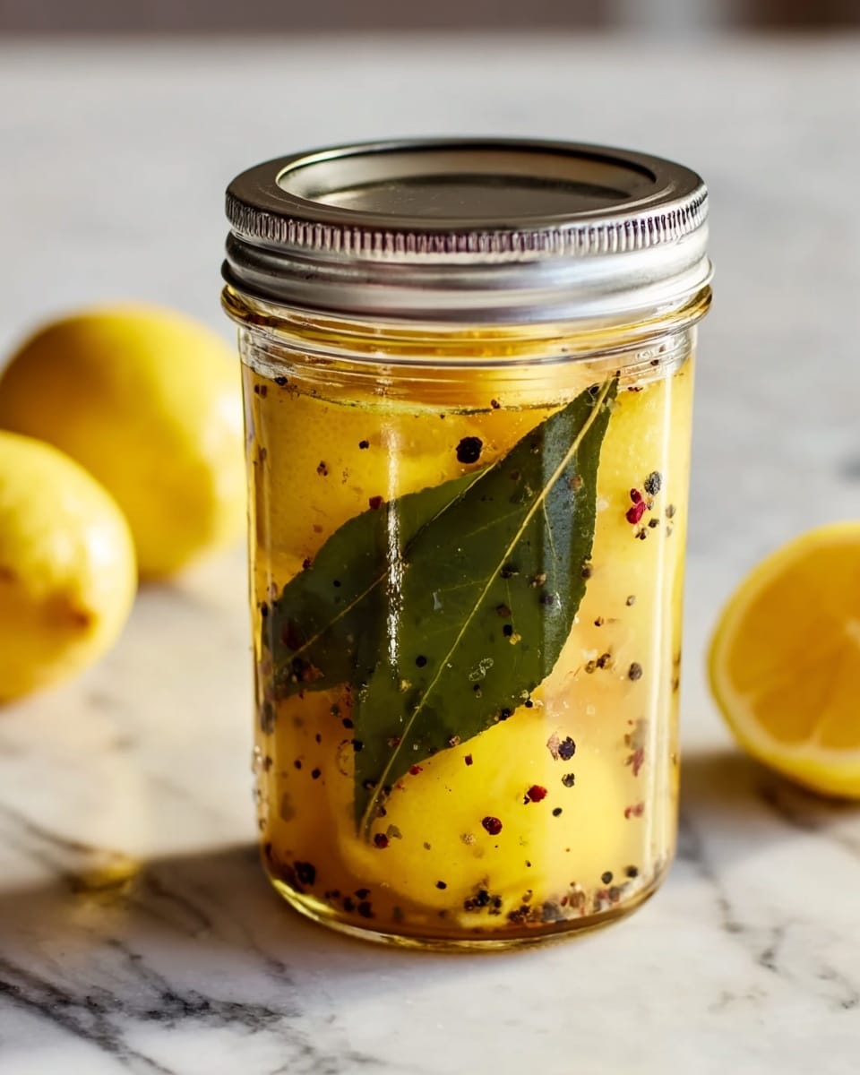 A clear glass jar filled with a yellow mixture that looks thick and uneven in texture, dotted with black and red small bits throughout. Inside the jar, there is a whole green leaf positioned vertically against the side. The jar has a shiny silver metal lid on top. Behind the jar, there are two halved lemons, one fully squeezed and the other partially squeezed, resting on a white marbled surface. The overall scene is simple with natural lighting and no additional items. photo taken with an iphone --ar 4:5 --v 7