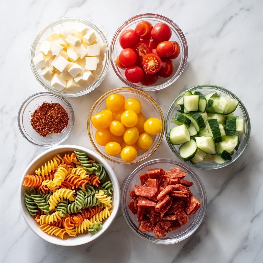 The image shows seven small white bowls arranged on a white marbled surface. The largest bowl at the bottom left contains tri-color spiral pasta in hues of orange, green, and yellow. To its right is a smaller white bowl filled with halved yellow cherry tomatoes, bright and shiny. Above that is a clear glass bowl with halved red cherry tomatoes, juicy and vibrant. Next to it, a clear glass bowl holds sliced green cucumber pieces with a fresh texture. To the top right, another clear glass bowl is filled with small cubes of red pepperoni. On the top left, a clear glass bowl contains white cheese cubes. Lastly, a small white bowl at the middle left holds red pasta seasoning flakes. The arrangement is neat and colorful, presented on a clean white marbled background photo taken with an iphone --ar 4:5 --v 7