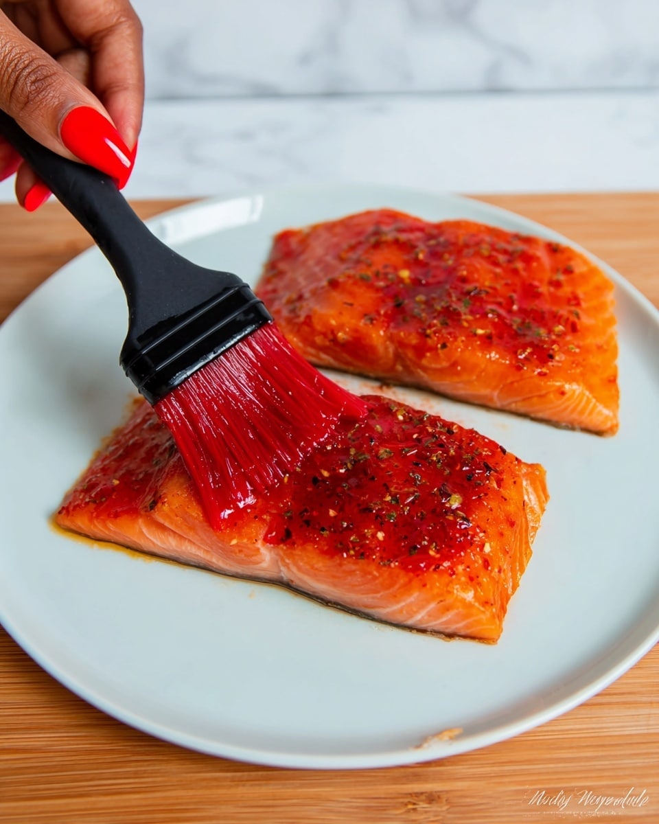 Two pieces of orange salmon fillets lie flat on a white plate. Each fillet is coated with a shiny layer of red marinade that has small herbs and spices sprinkled on top. A woman's hand with bright red nail polish holds a black brush with red bristles, spreading the sauce evenly on the left fillet. The plate is set on a wooden surface but changed in the background to a white marbled texture. Photo taken with an iphone --ar 4:5 --v 7