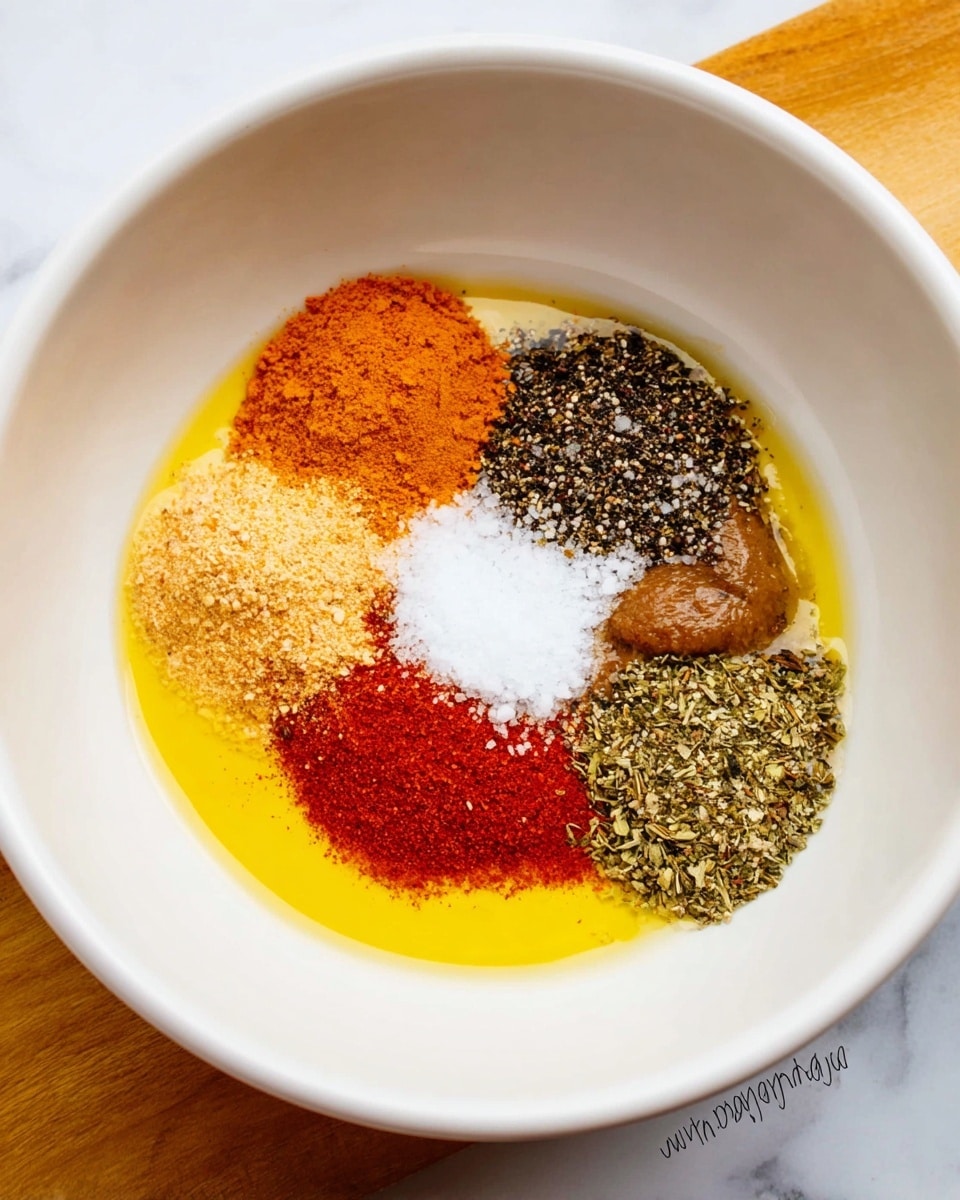 In a white bowl placed on a white marbled surface, there are seven different ingredients arranged side by side without mixing. Starting from the left, there is a light orange powder with a fine texture, next to it a pool of shiny golden oil spreading around the bowl’s base. Above the oil, a small mound of white granulated salt sits in the center. To the right of the salt is a pile of black pepper flakes and finely ground light brown spice. Further right, there is a dense reddish-orange powder spread thickly. Next to it, on the right edge of the bowl, is a pile of dried green herbs with a rough texture. Above the red powder, there is a smooth medium brown paste. The view is from above showing all ingredients clearly separated. photo taken with an iphone --ar 4:5 --v 7